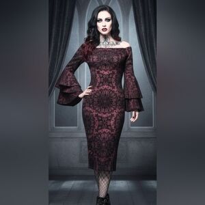 Venus Dress Flocked Velvet Dress Burgundy Black 8 Waterfall Sleeve Drama Witchy